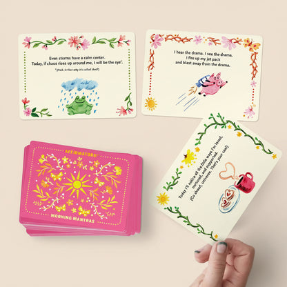 Set of affirmation cards with colorful illustrations and text on a gray background