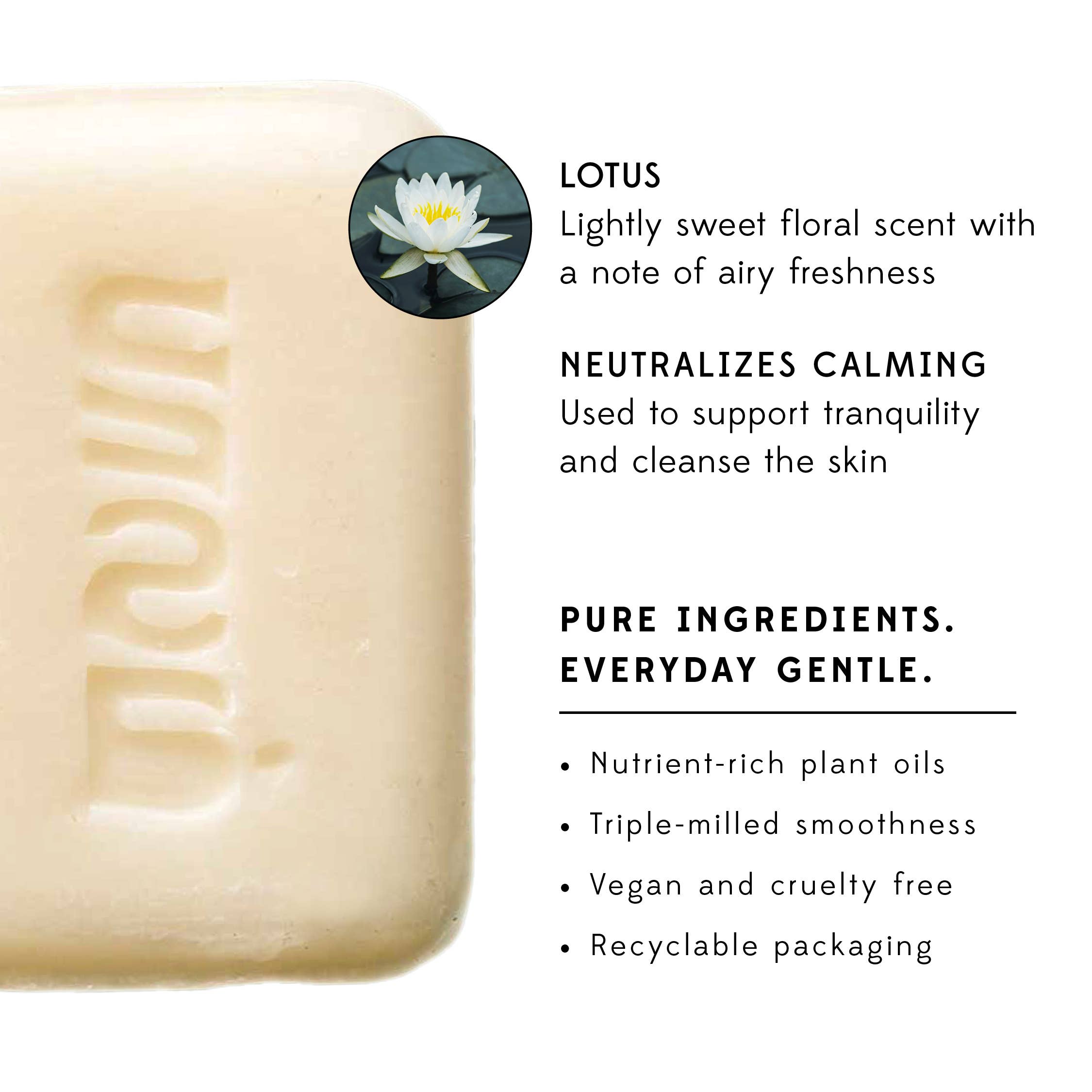 Bar of soap with branding and product details on a white background