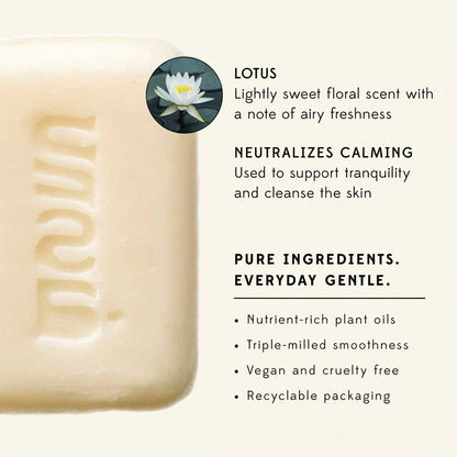 Bar of soap with branding and product details on a white background