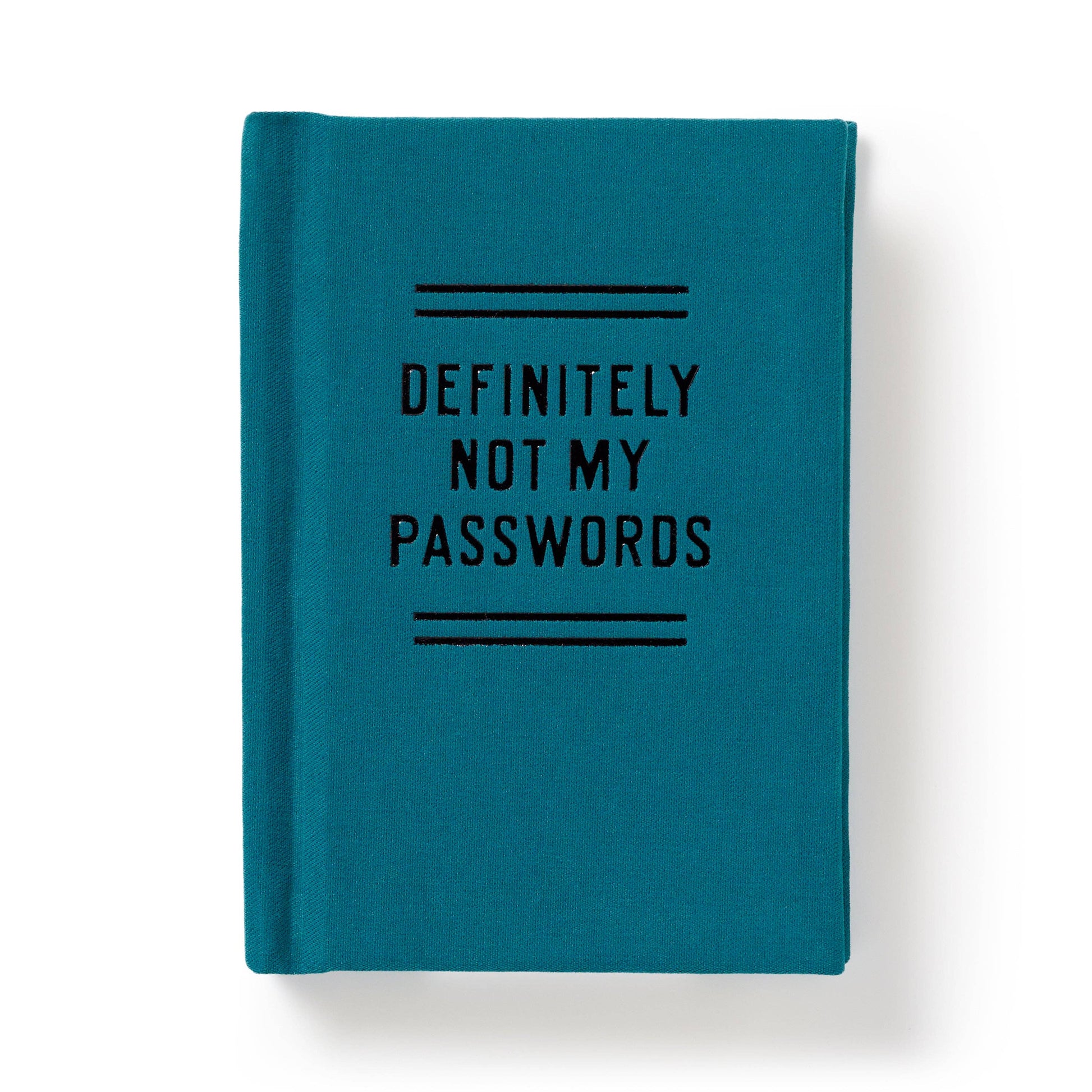 Teal notebook with 'DEFINITELY NOT MY PASSWORDS' text on a white background