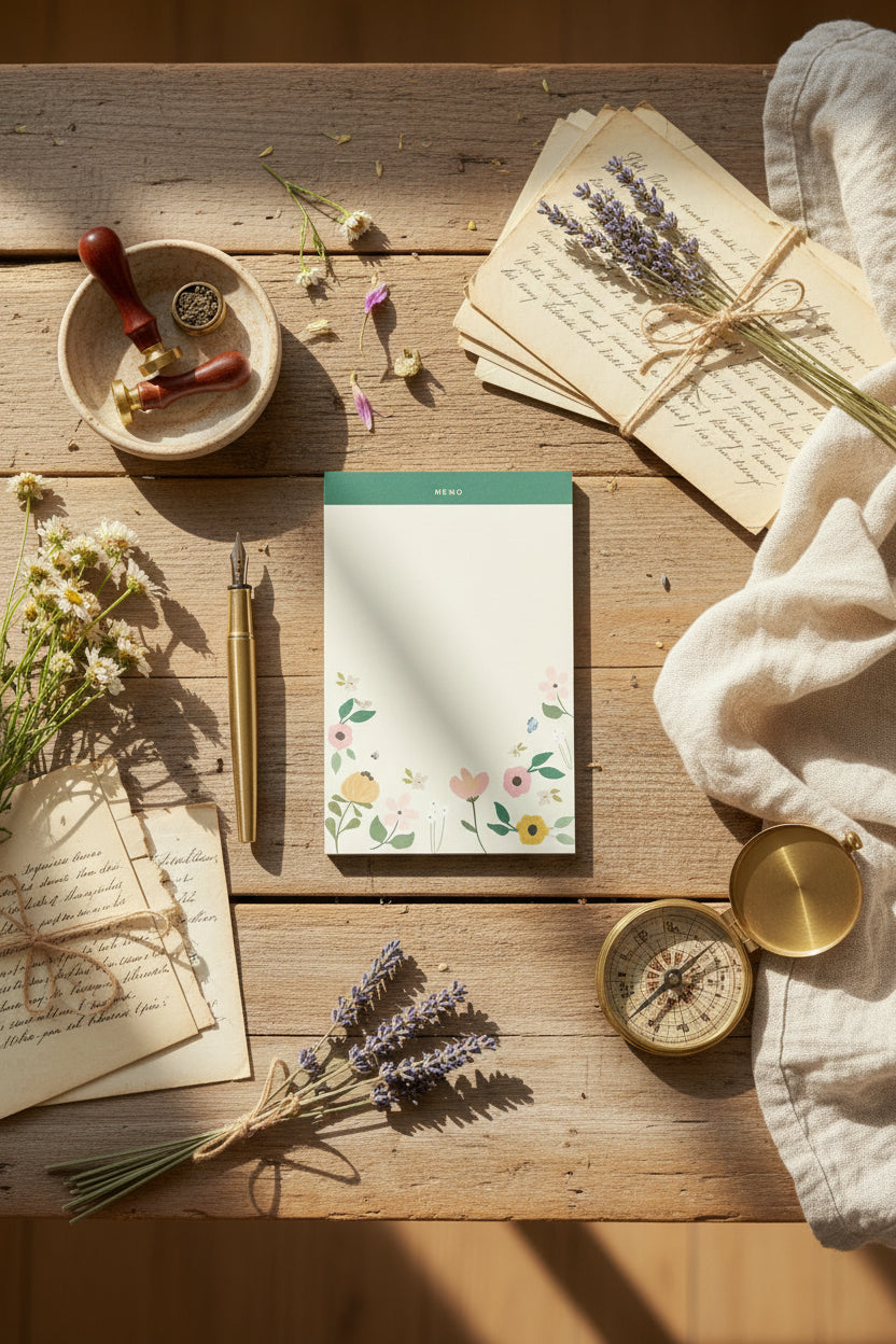 Floral garden memo notepad with botanical illustration and tear-off pages
