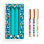 Close-up of Liberty London floral prints on the pen barrels 