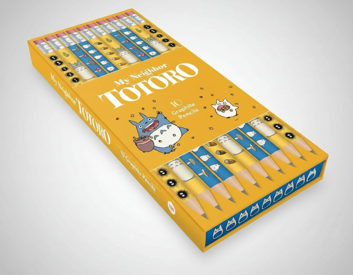 A box of My Neighbor Totoro themed graphite pencils with character illustrations on the packaging.