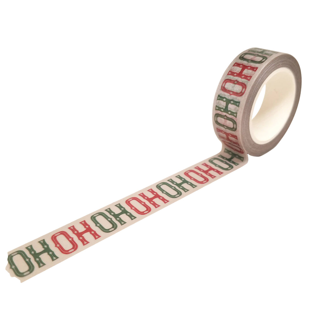 A roll of decorative washi tape with 'HO HO HO" text on a white background