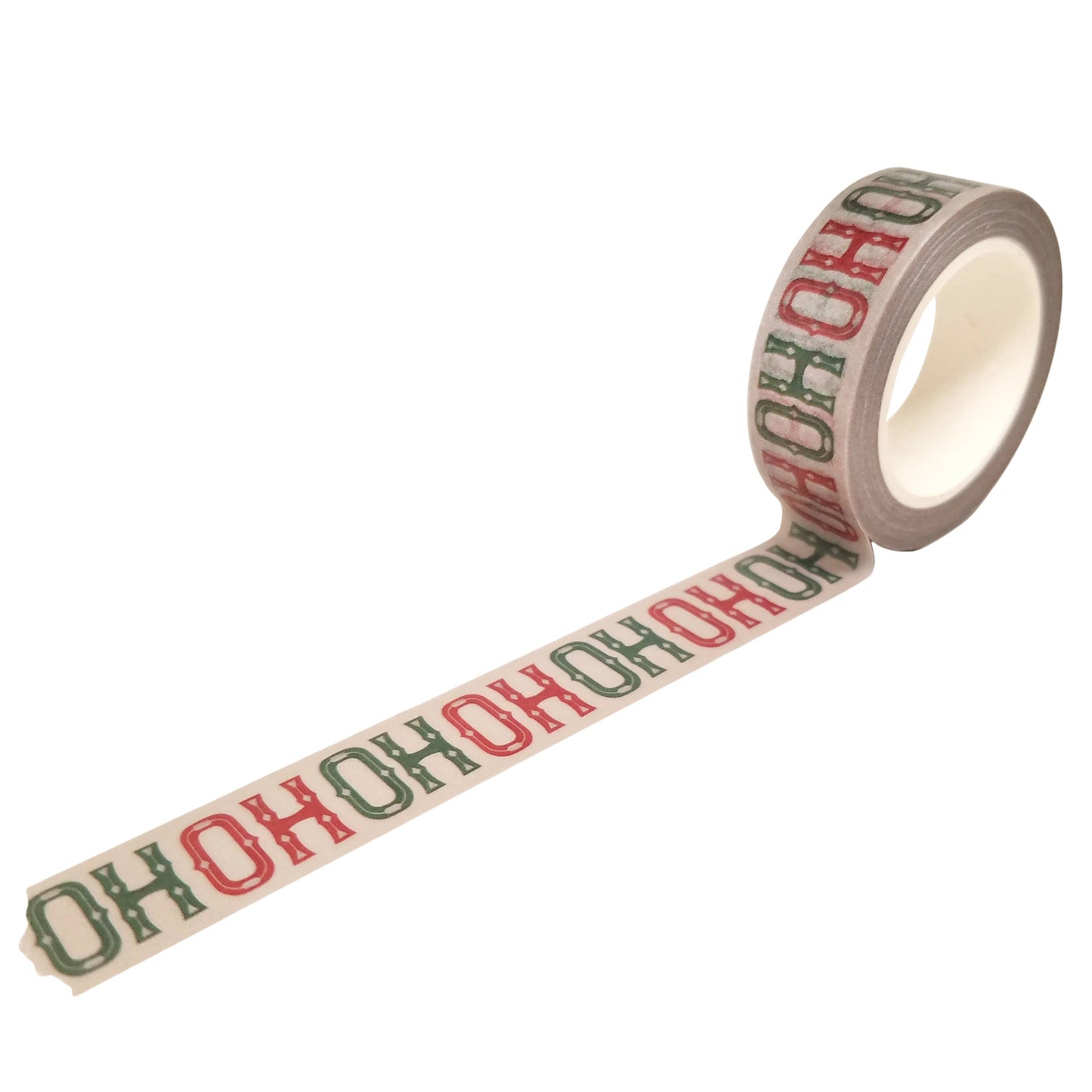 A roll of decorative washi tape with 'HO HO HO" text on a white background