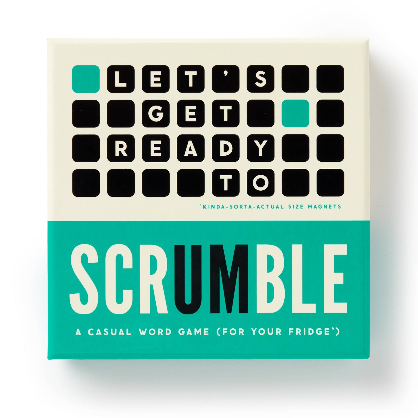 Packaging for 'Scrumble' word game magnets with text on a white background