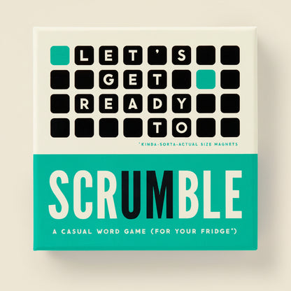 Packaging for 'Scrumble' word game magnets with text on a white background