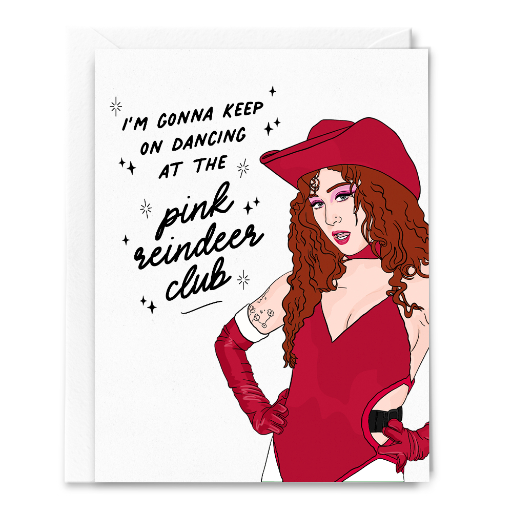 Pink Reindeer Club holiday card styled with envelope and festive accents