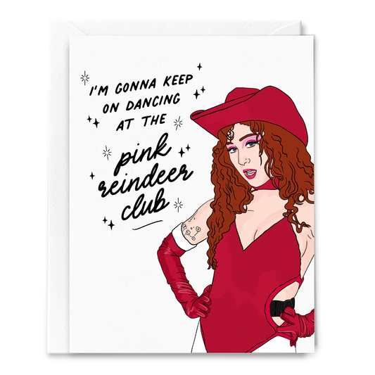 Pink Reindeer Club holiday card styled with envelope and festive accents