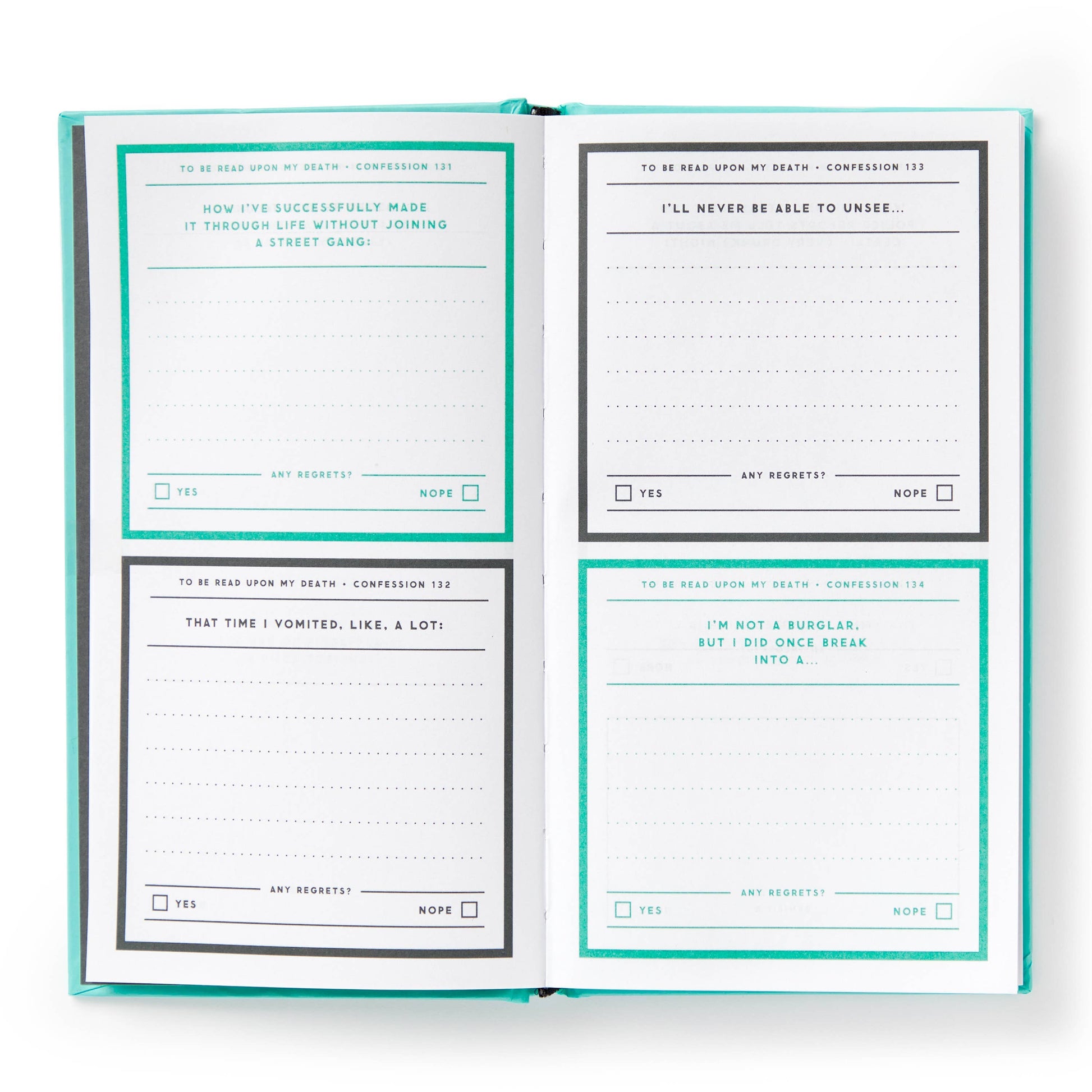 Open journal showing quirky confession prompts like “Who I plan to haunt”