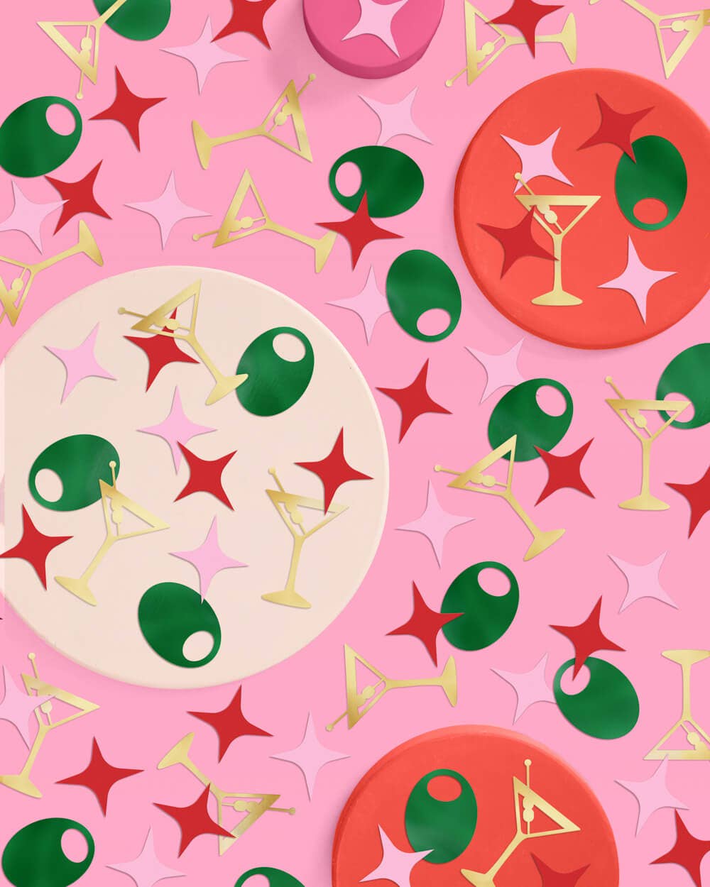 Martini Moment confetti with gold martini glasses, green olives, and pink and red foil sparkles for party celebrations