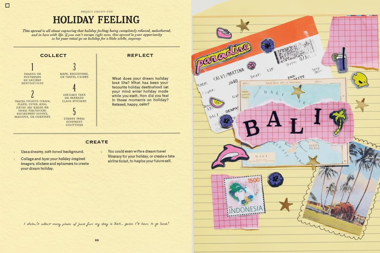 Illustrated travel journal page with 'Bali' theme and stationery items on a yellow background.