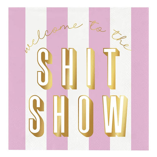 Welcome to the Shit Show Foil Beverage Napkins - Pink and White Striped Design - Pack of 20