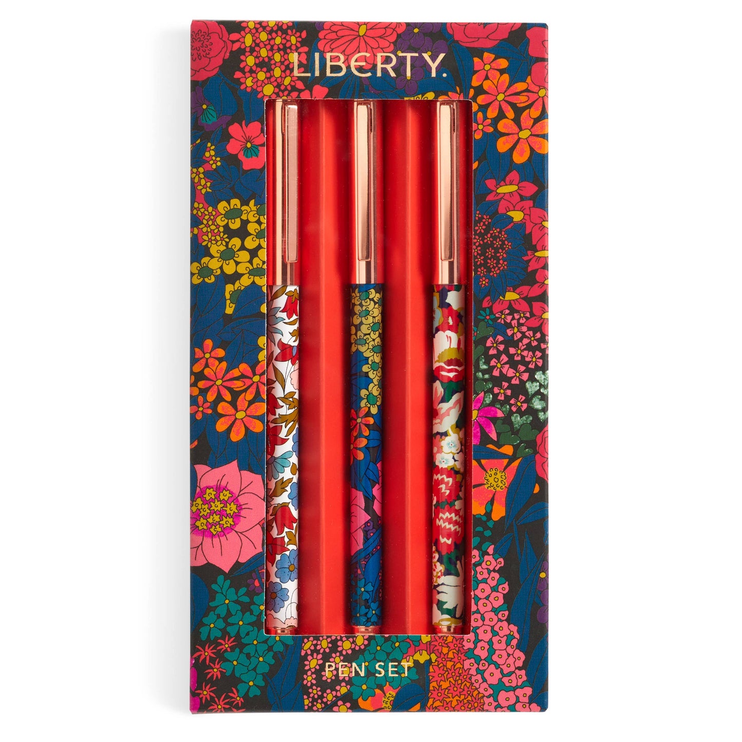 Trio of Liberty London pens displayed diagonally with floral-patterned barrels