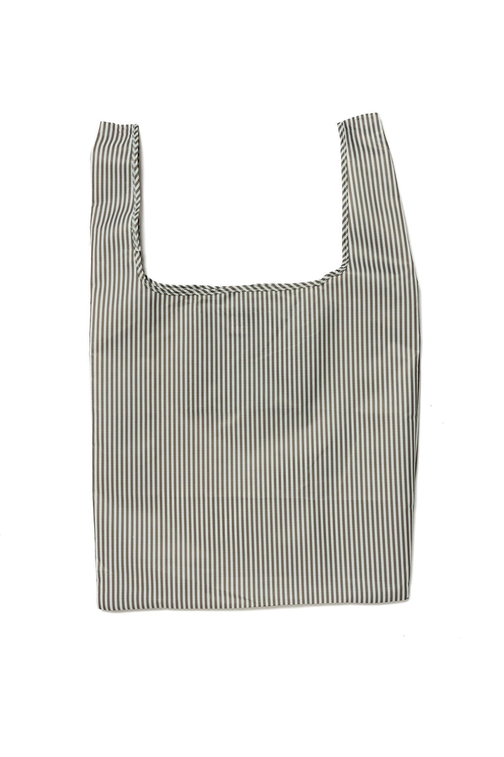 Black and white striped reusable tote bag, BRNG Vickie Daily Shopper unfolded and open on a white background.