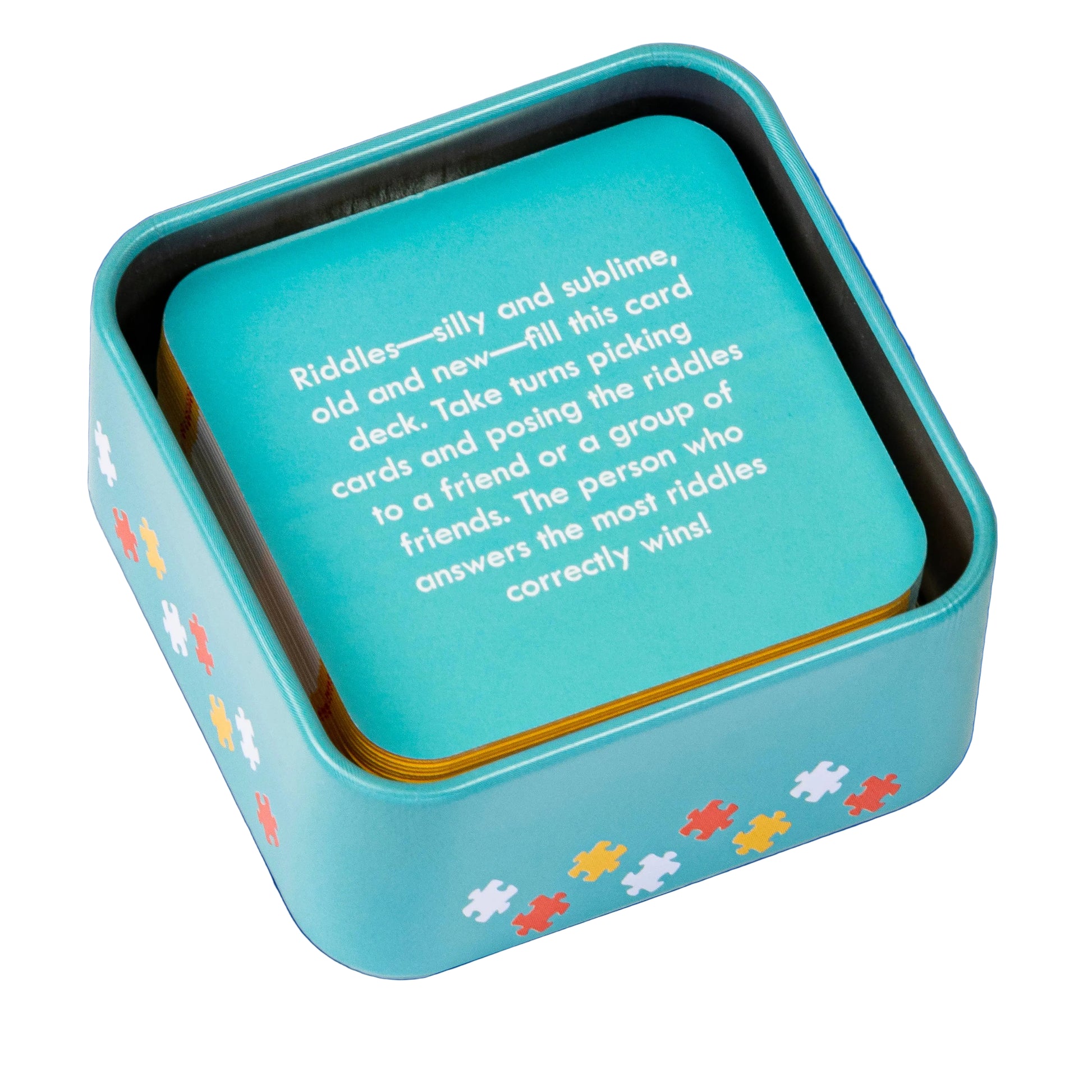 Blue card game box with puzzle piece designs on a white background