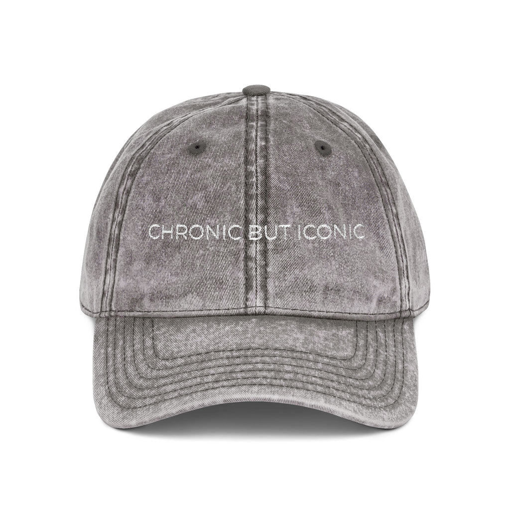 Gray cap with 'Chronic But Iconic' text on a white background
