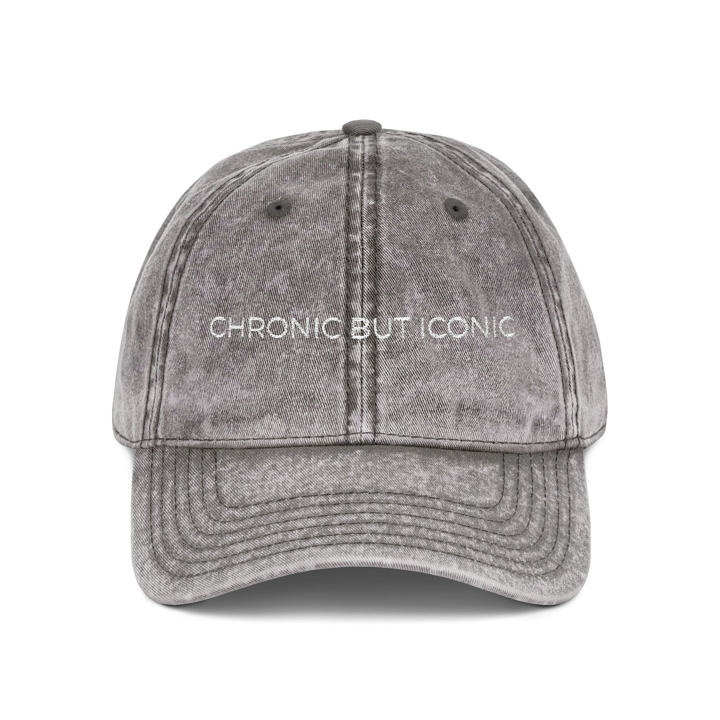 Gray cap with 'Chronic But Iconic' text on a white background