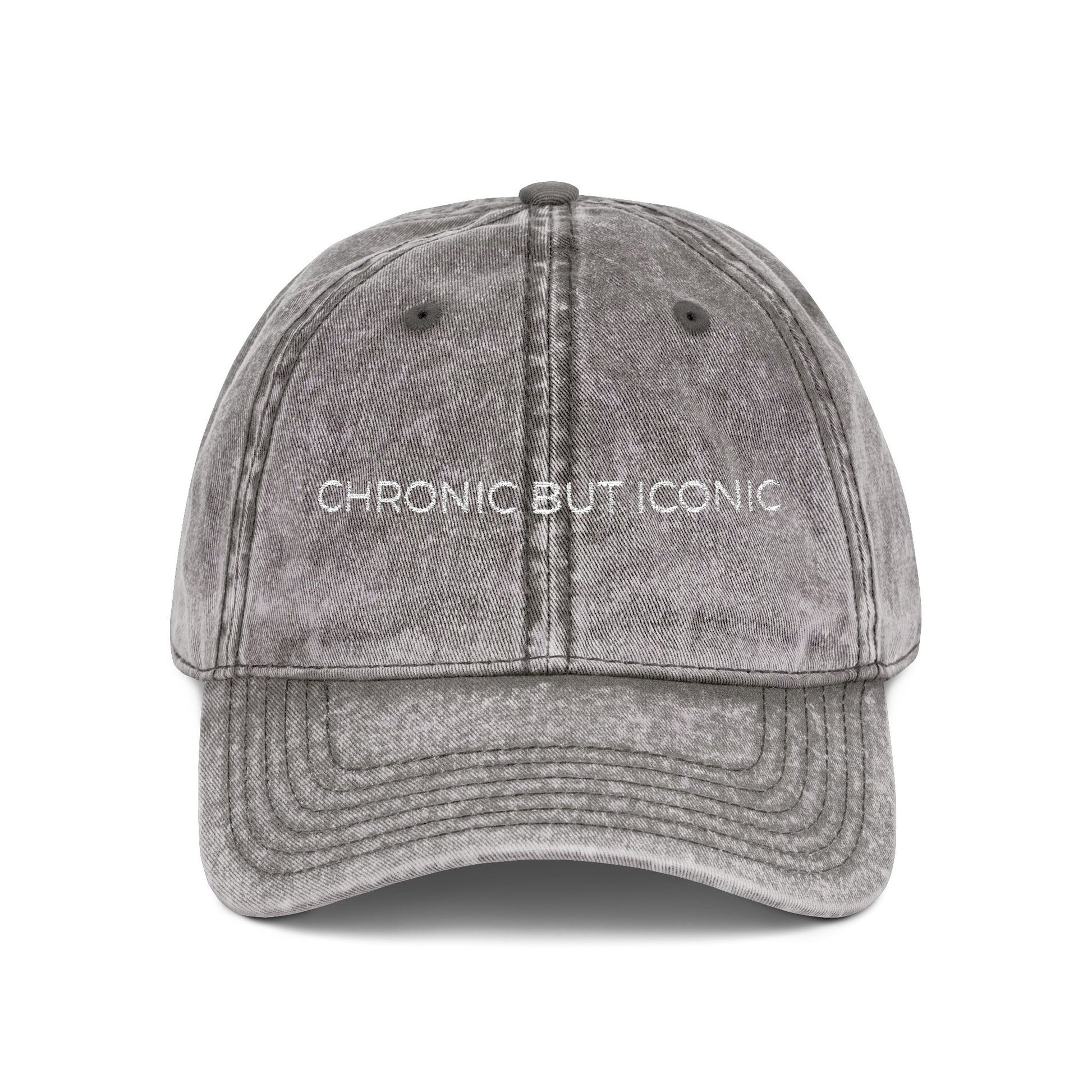 Gray cap with 'Chronic But Iconic' text on a white background