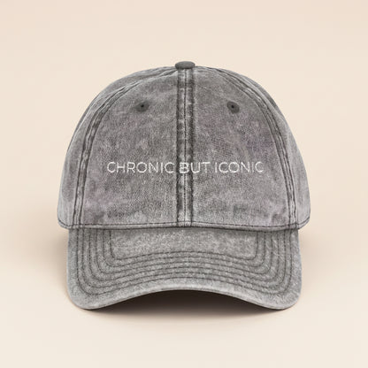 Gray cap with 'Chronic But Iconic' text on a white background