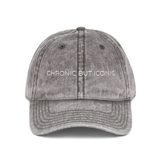 Gray cap with 'Chronic But Iconic' text on a white background