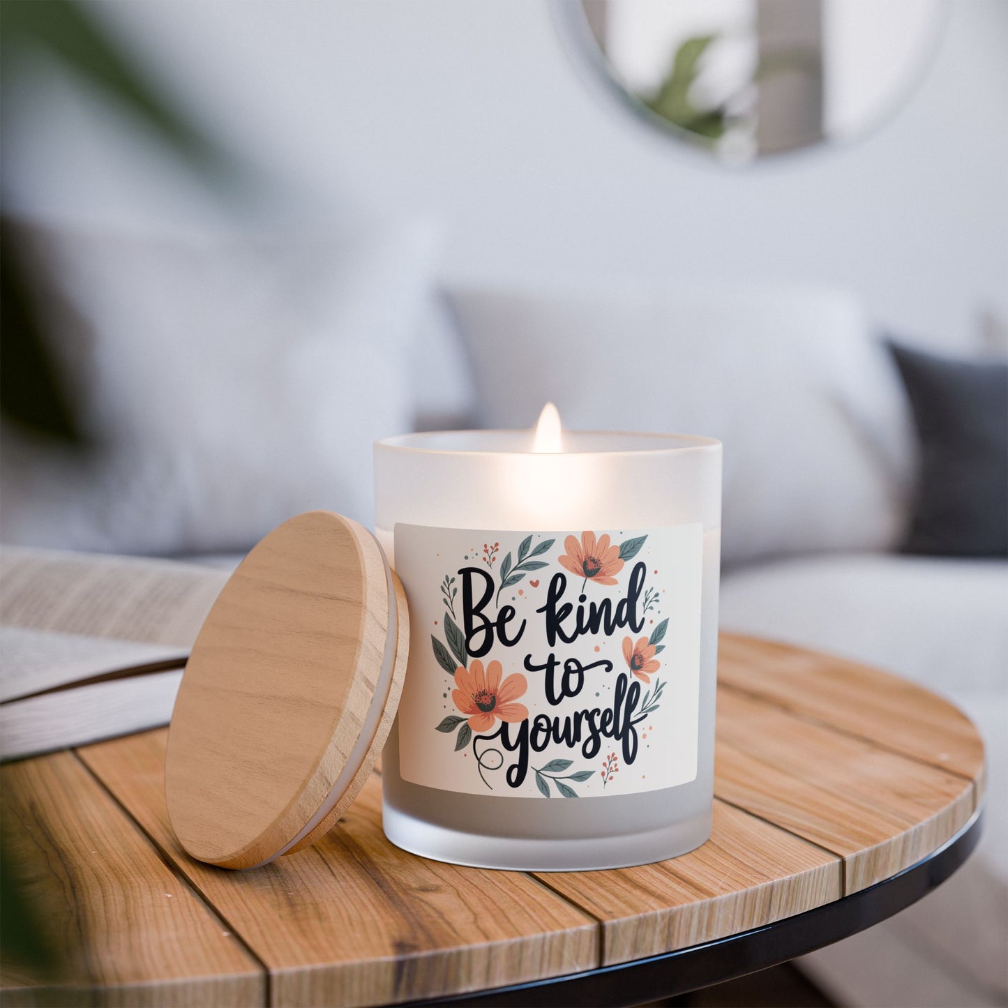 "Be Kind to Yourself" Eco-Friendly Frosted Glass Candle – 11oz Self-Care Aromatherapy with Natural Wooden Wick