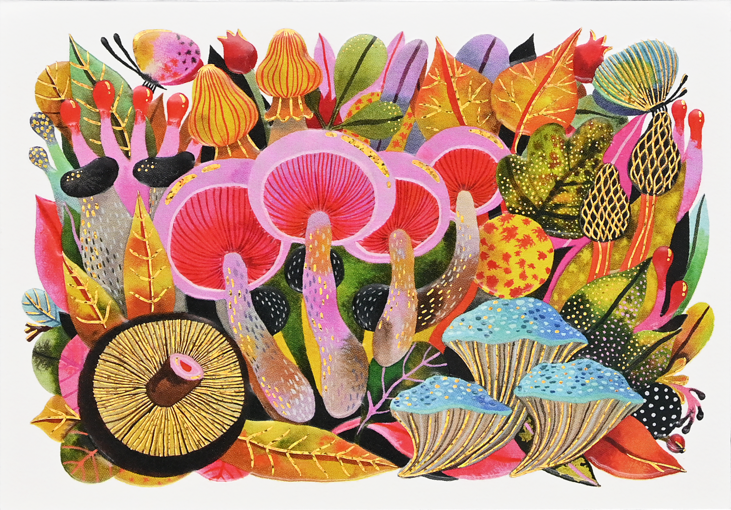 Mushroom Medley note card set featuring colorful forest fungi and gold foil accents