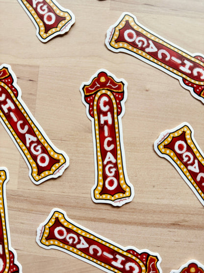 Close up of the vinyl sticker featuring a tribute to the historic Chicago Theater