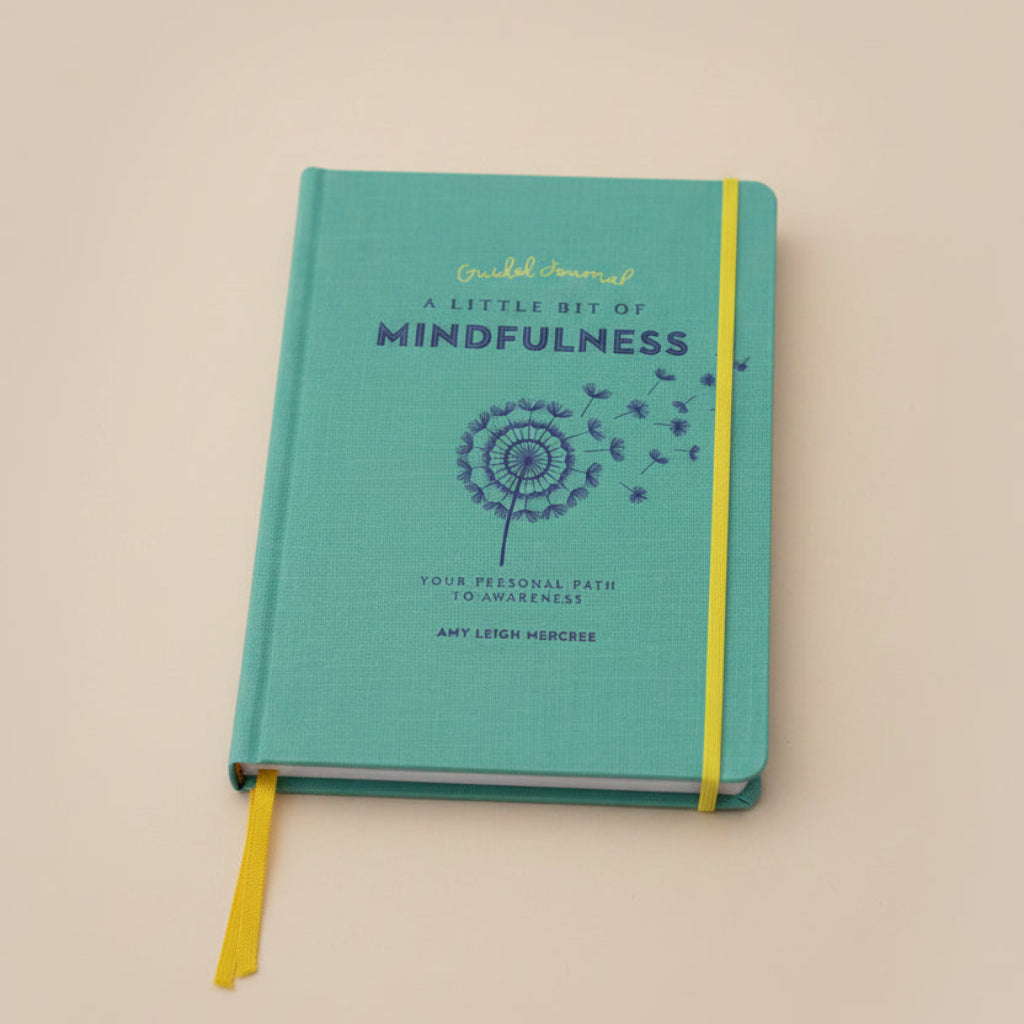 Guided journal titled 'A Little Bit of Mindfulness', by Amy Leigh Mercree with a teal hardcover and yellow band with a beautiful image of a dandelion 