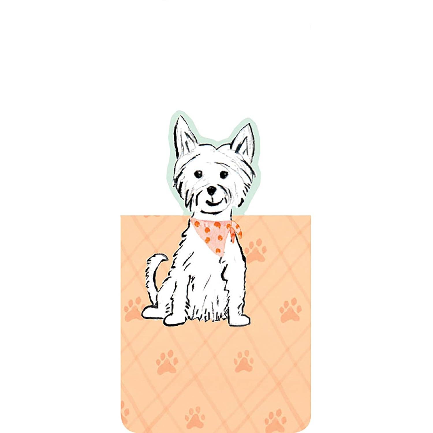 A cute white Terrier bookmark wearing a fun bandana