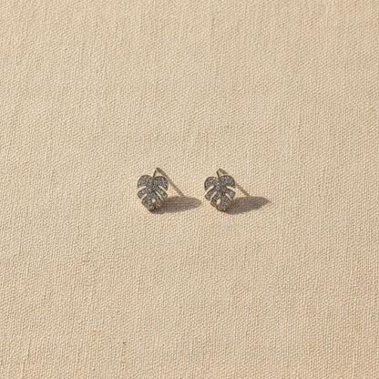 Monstera leaf earrings on a textured beige background from Rochambeau Home