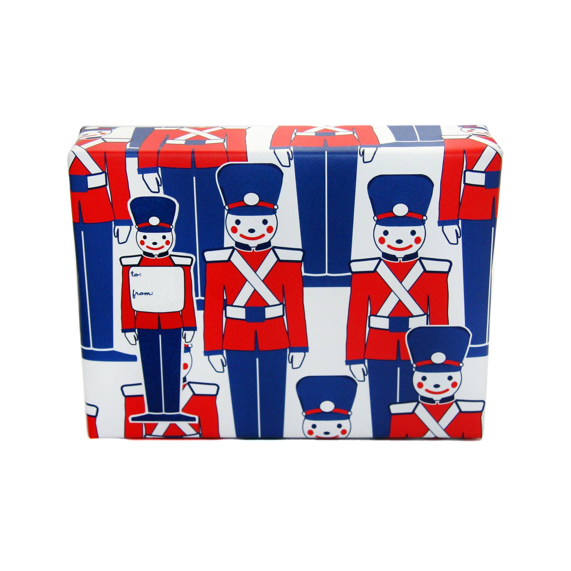 Rectangular box with a pattern of toy soldiers in red, blue, and white on a white background