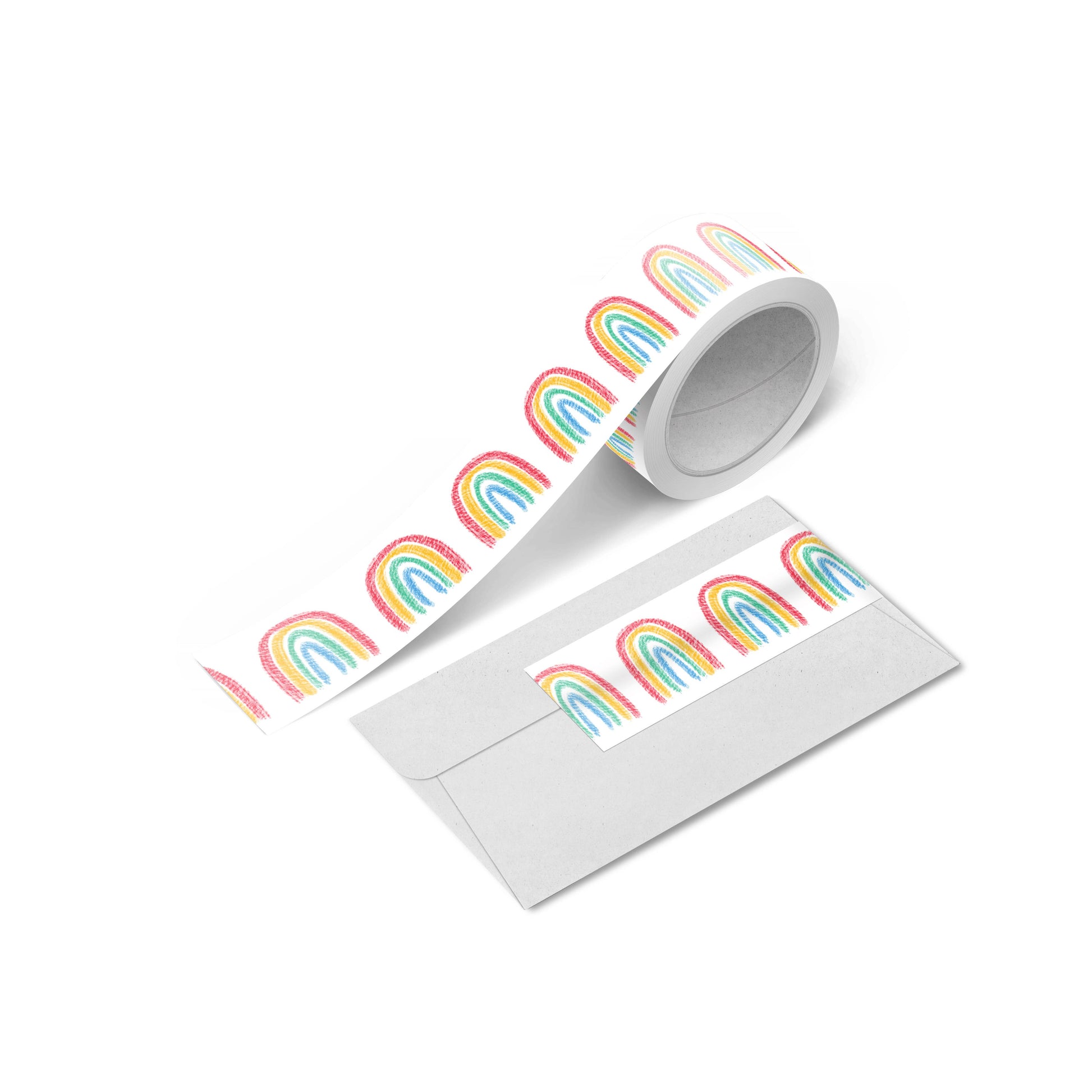 Close-up of hand-drawn rainbow pattern on washi applied to envelope edge