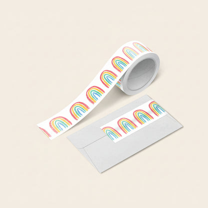 Close-up of hand-drawn rainbow pattern on washi applied to envelope edge