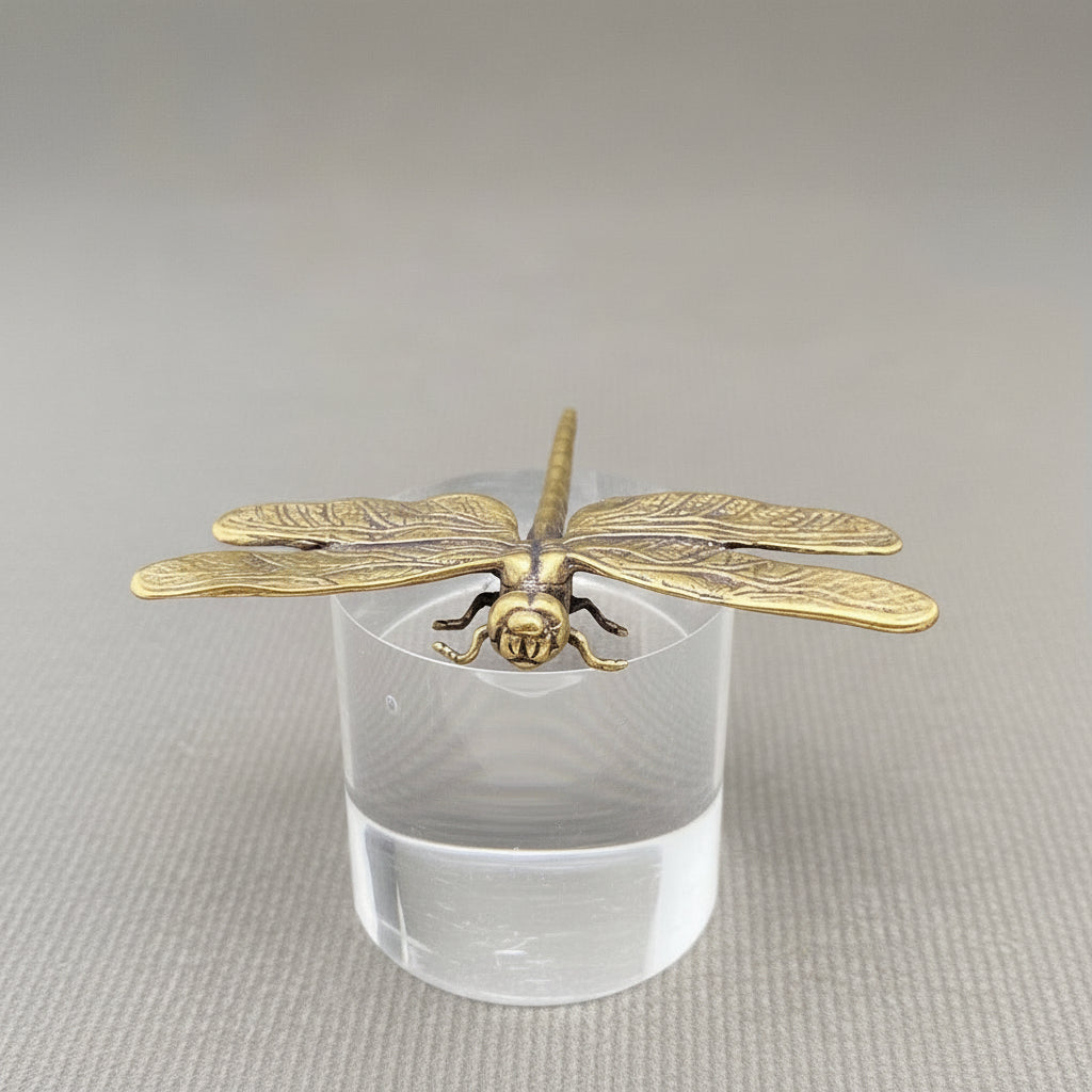 Bronze dragonfly on a clear crystal pedestal against a gray background