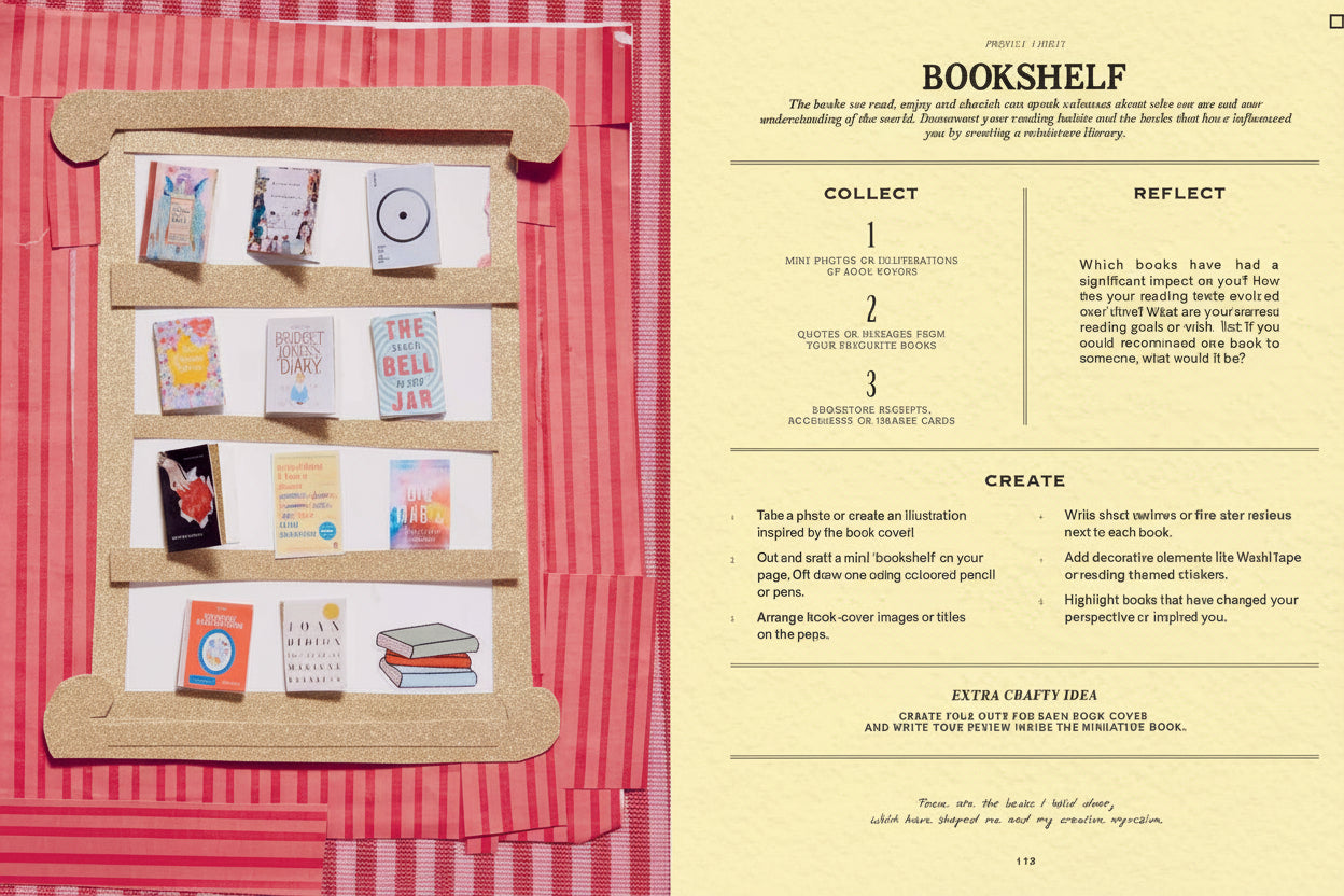A paper designed bookshelf with books on a red and white checkered background, next to a worksheet titled 'Bookshelf'.