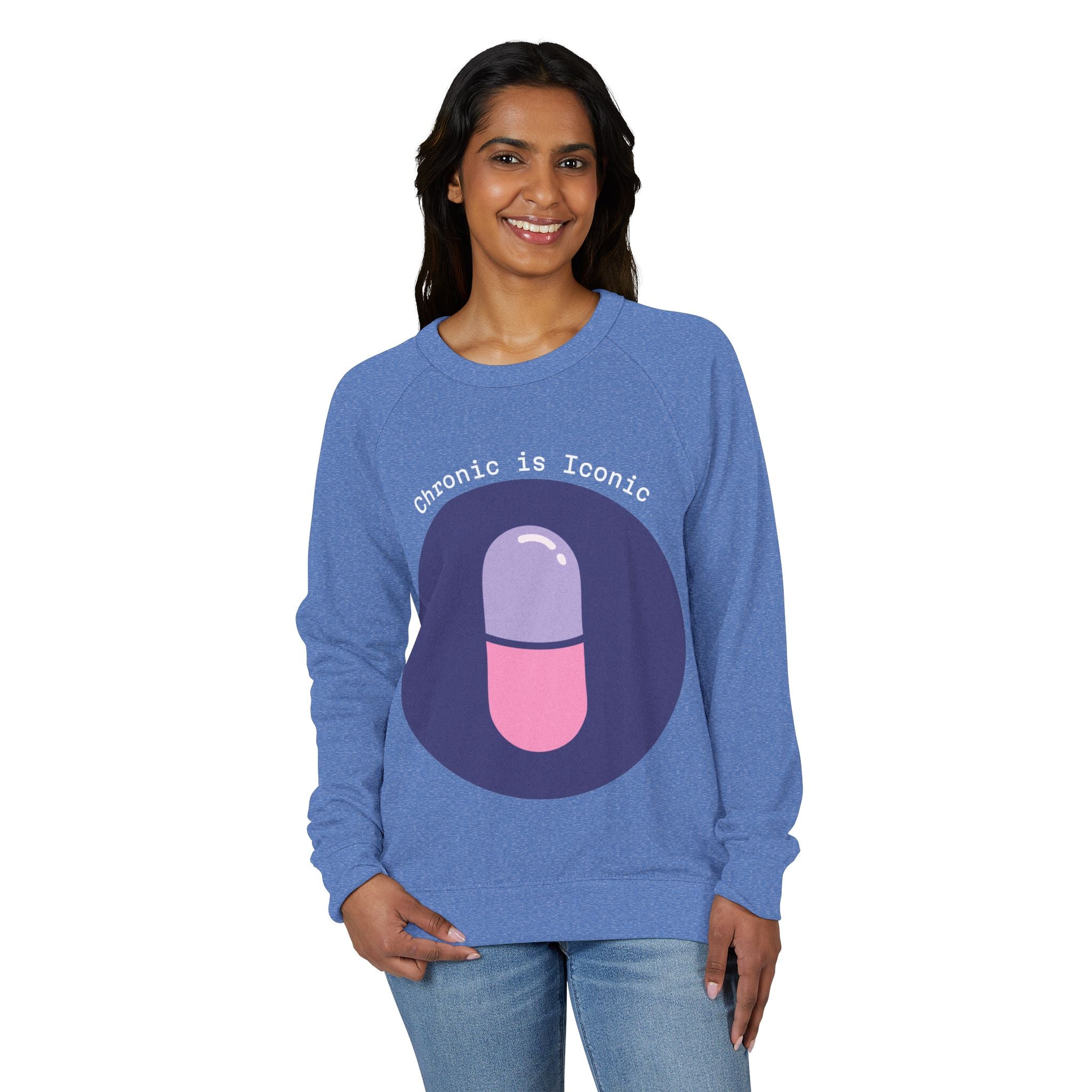 Woman wearing a blue sweatshirt with a graphic design and text on a white background