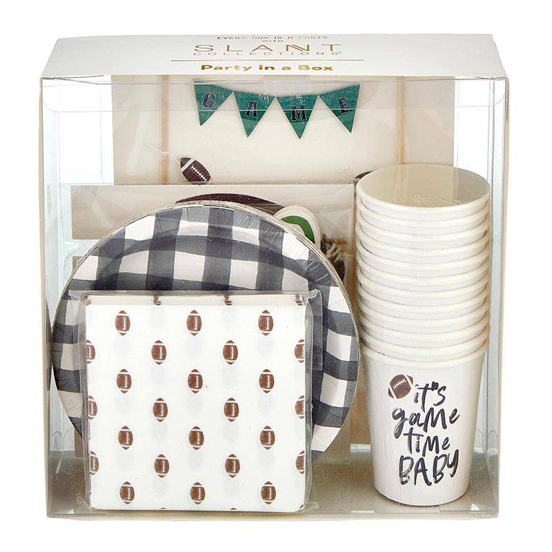 Tailgate Party in a Box - Complete Set with Garland, Cake Topper, Cups, Plates, Table Accents, and Napkins