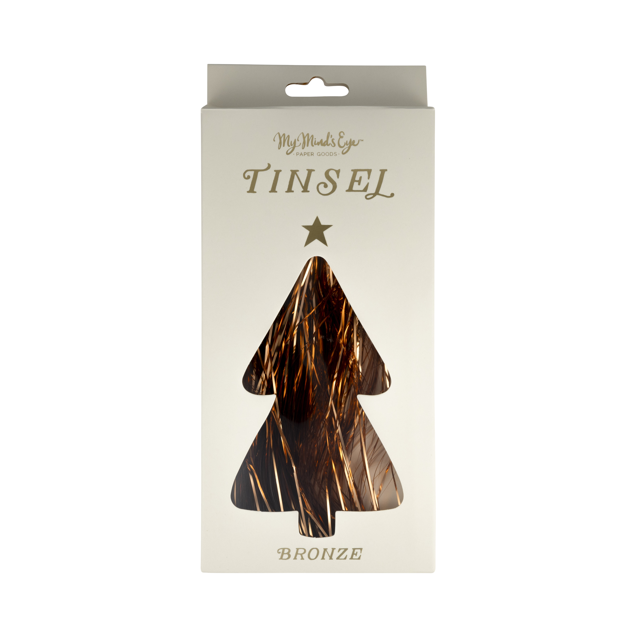 Close-up of metallic bronze tinsel reflecting warm ambient lighting