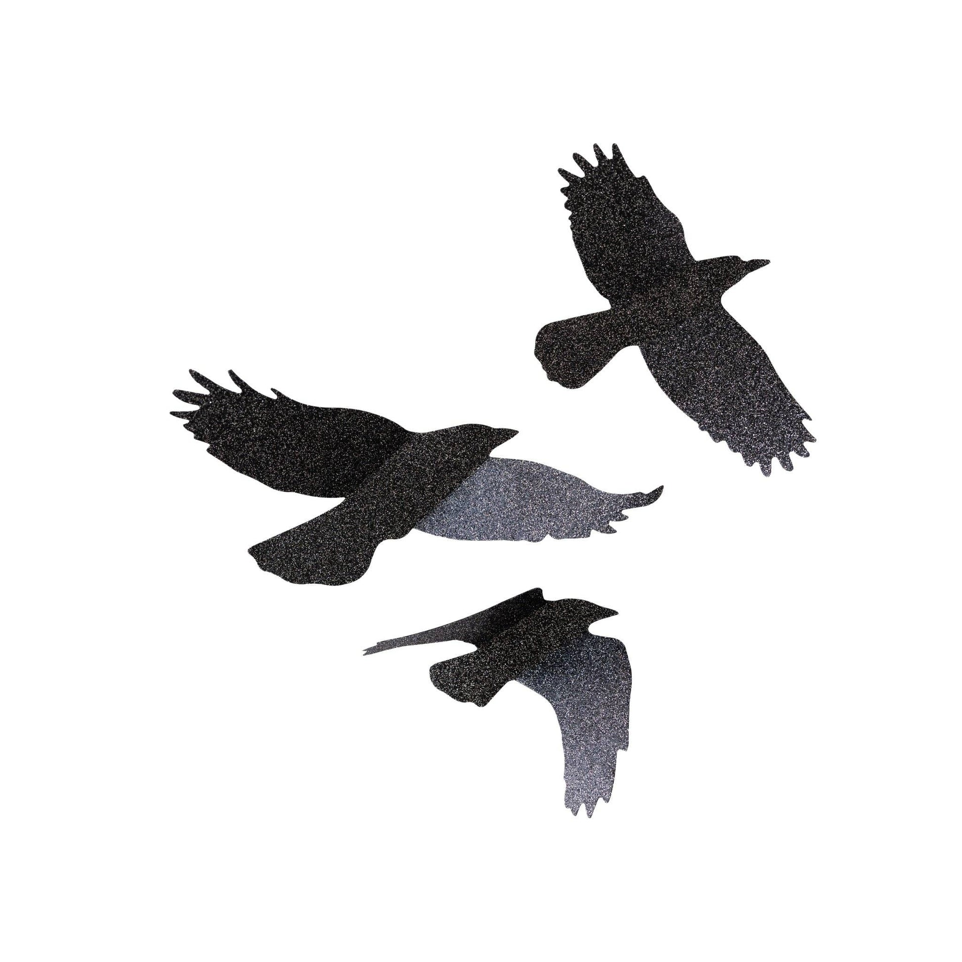 Three black crow silhouettes on a white background