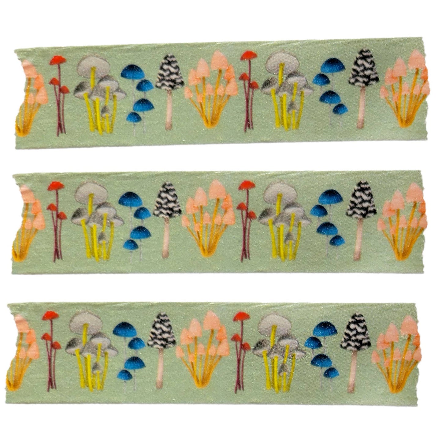 Three strips of fabric with colorful forest pattern on a green background