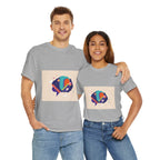 Two people wearing gray t-shirts with colorful graphic designs on a white background
