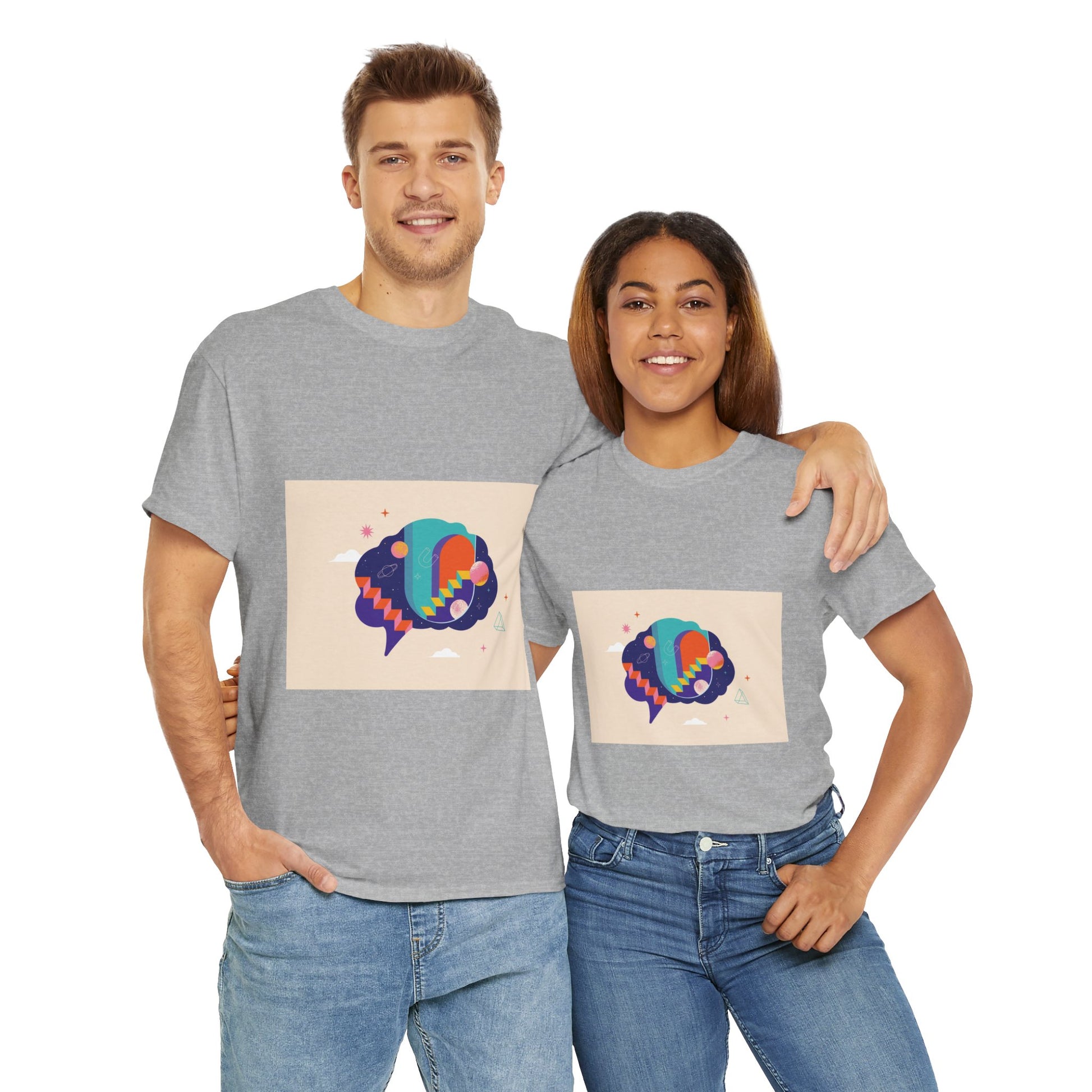 Two people wearing gray t-shirts with colorful graphic designs on a white background