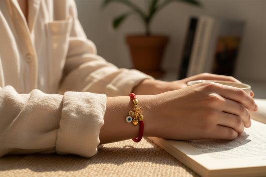 Red beaded bracelet with a gold charm being worn around the wrist with a plant and books in the background