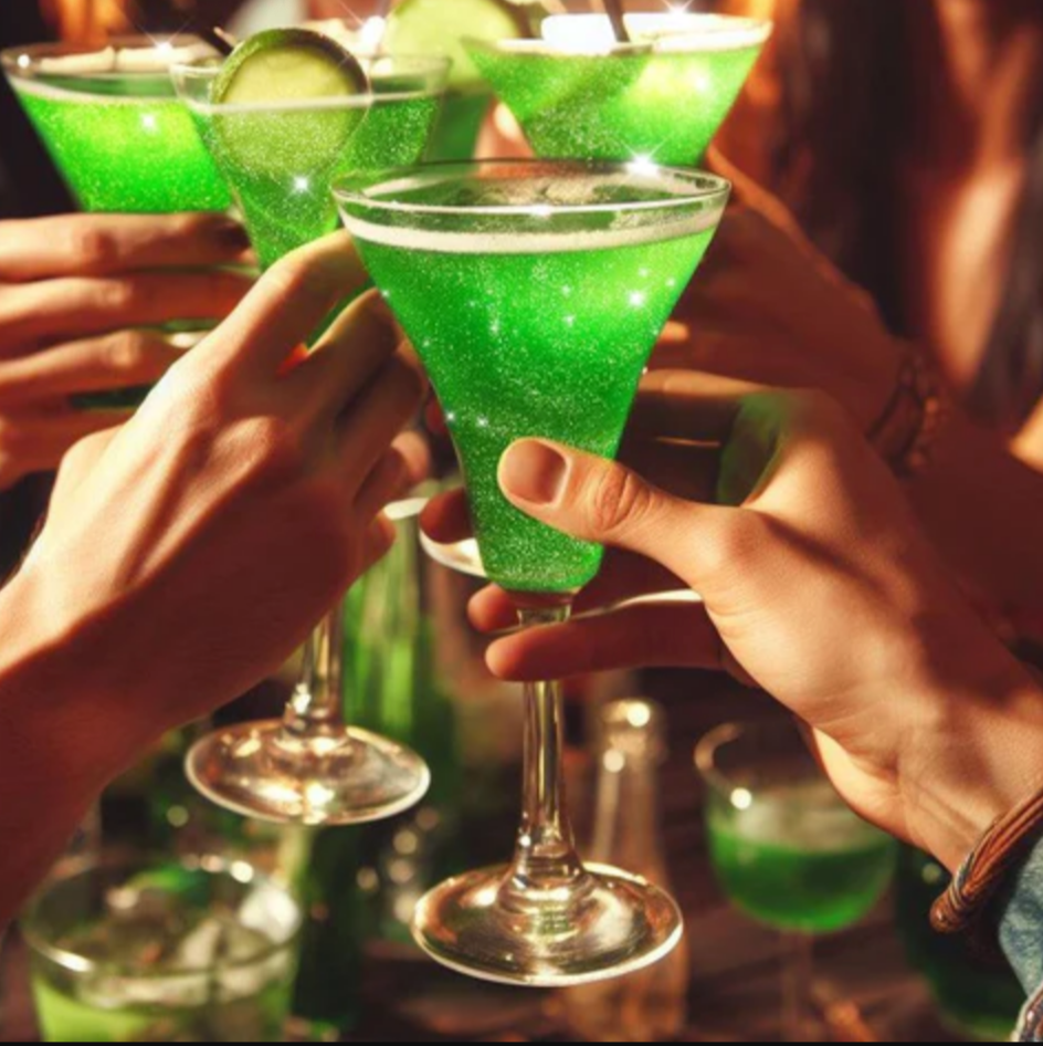 Green Glitter Bomb dissolving into a sparkling beverage, turning the drink into a vibrant green hue.