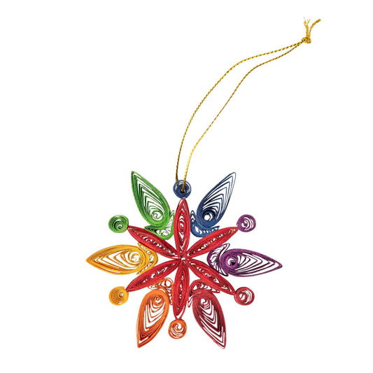 Colorful paper snowflake ornament on a white background