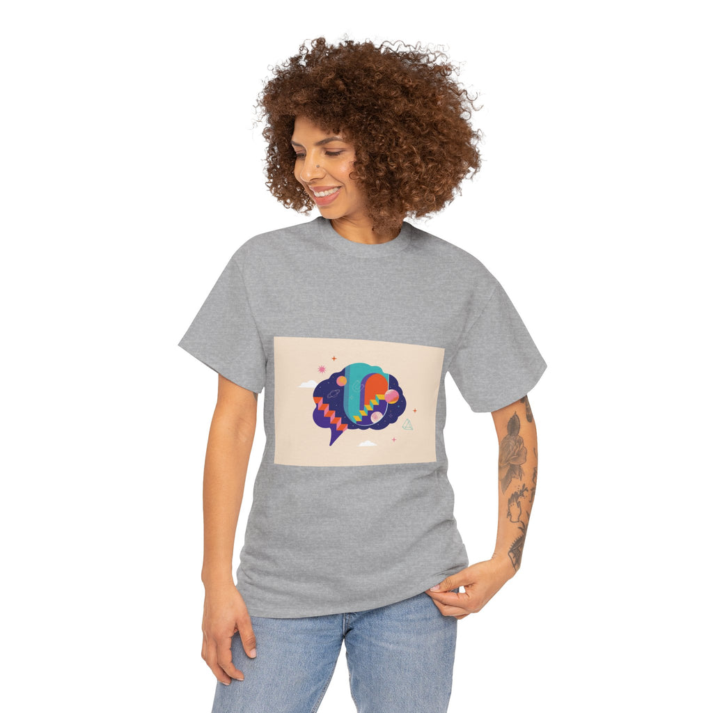 Person wearing a gray t-shirt with a colorful graphic design on a white background