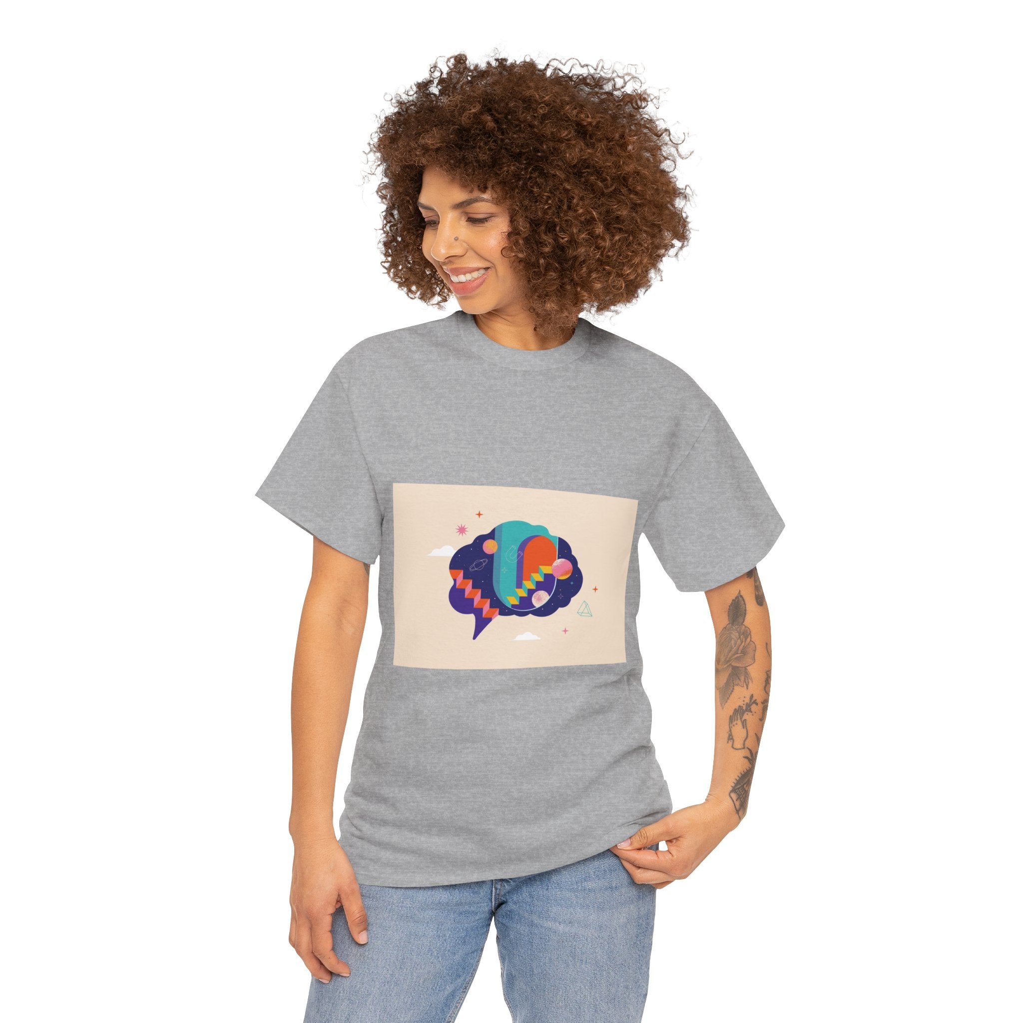 Person wearing a gray t-shirt with a colorful graphic design on a white background