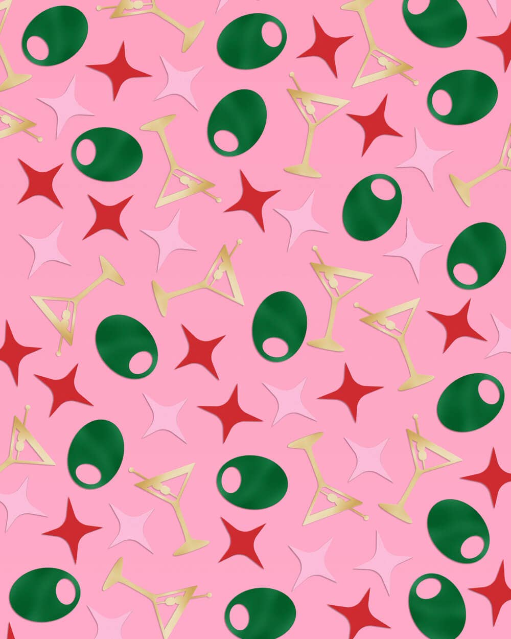 Martini Moment confetti with gold martini glasses, green olives, and pink and red foil sparkles for party celebrations