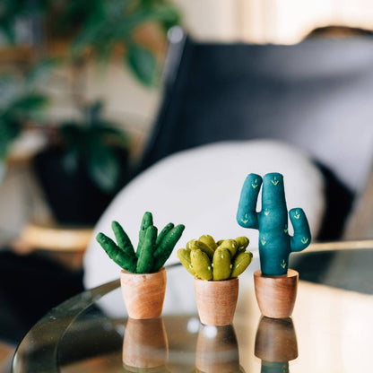 Close up image of the Fiber Cactus Trio decorated in a home